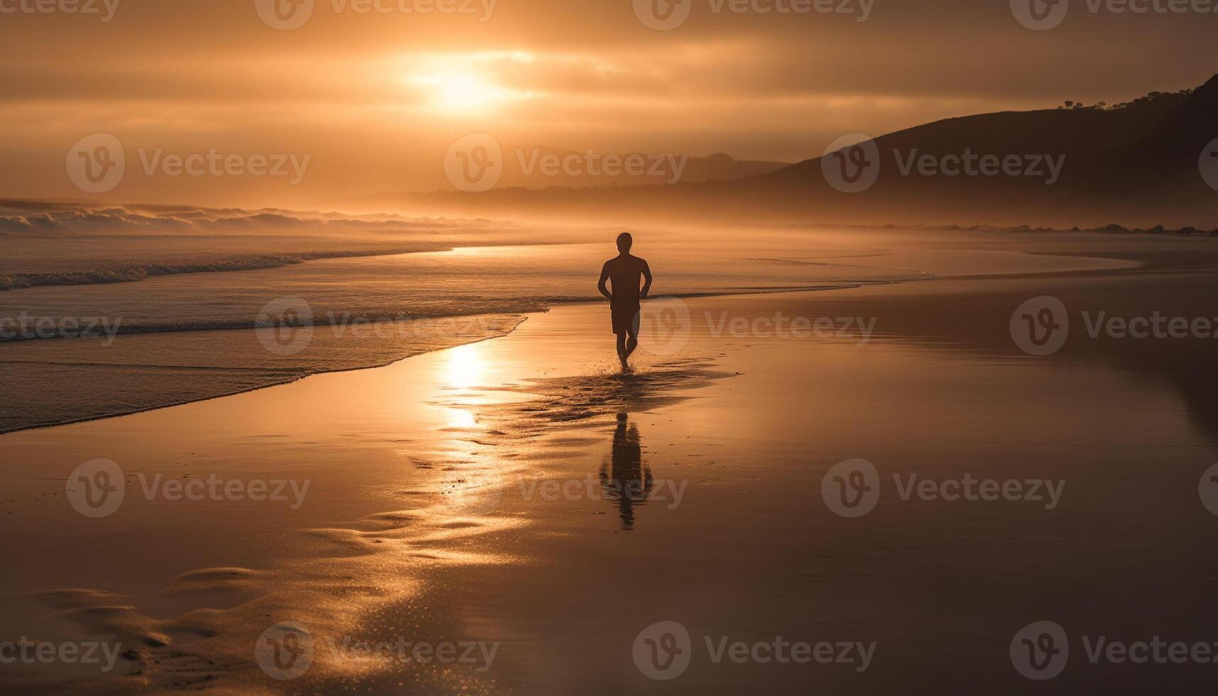 Silhouette of one person walking on beach generated by AI photo