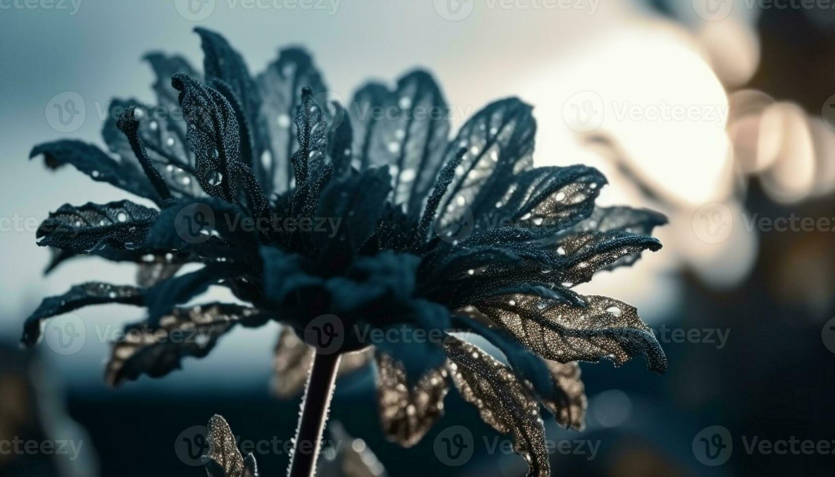 Fresco Rocío gotas en azul flor pétalos generado por ai foto