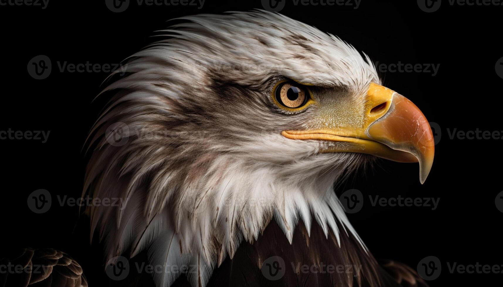 Majestic bald eagle staring with piercing beak generated by AI photo