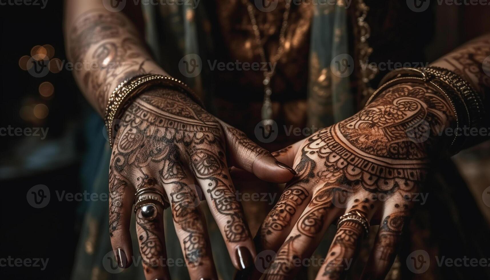 Elegant henna tattoo decorates young bride hand generated by AI photo