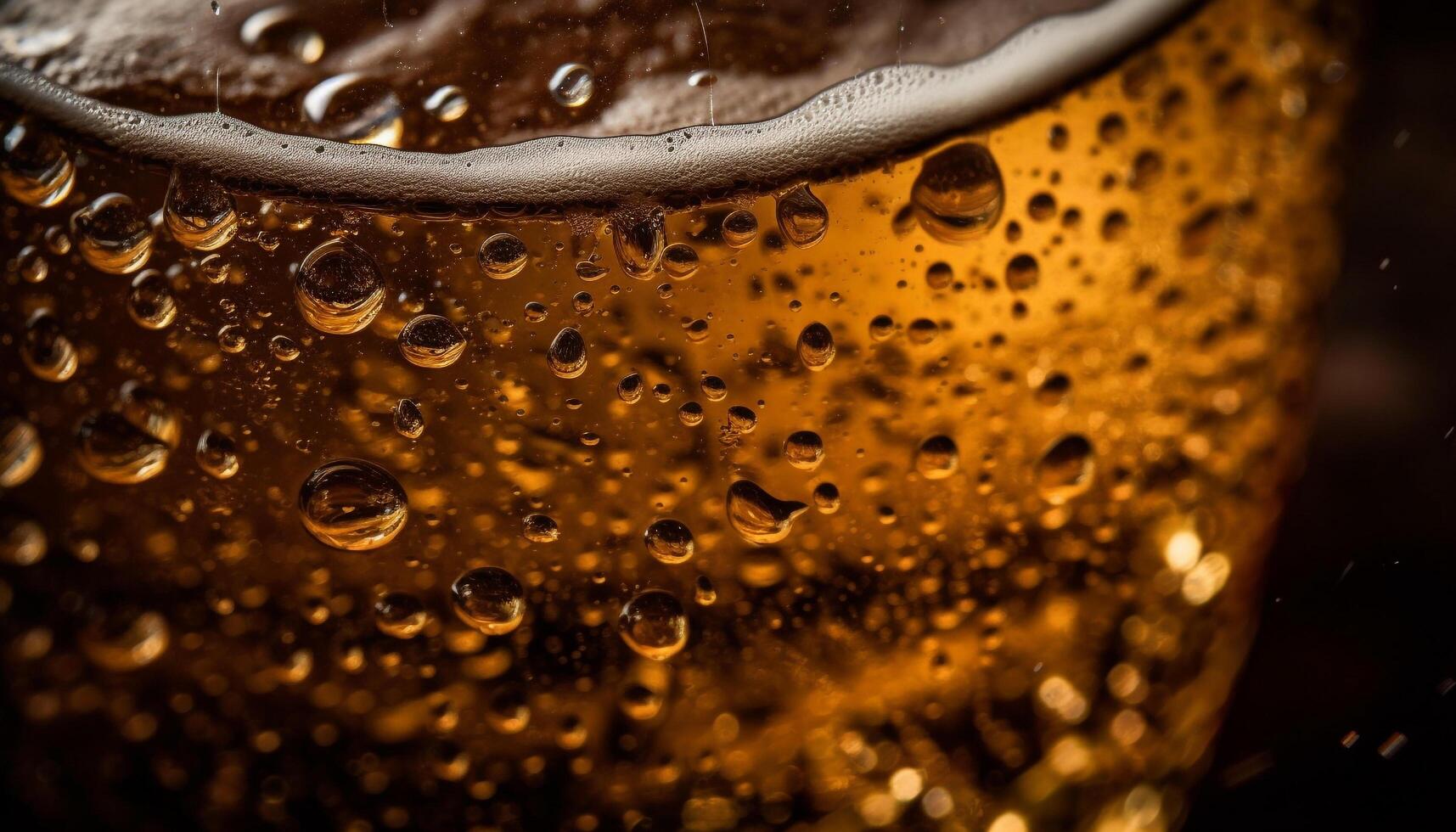 Golden beer glass with frothy dew drops generated by AI photo