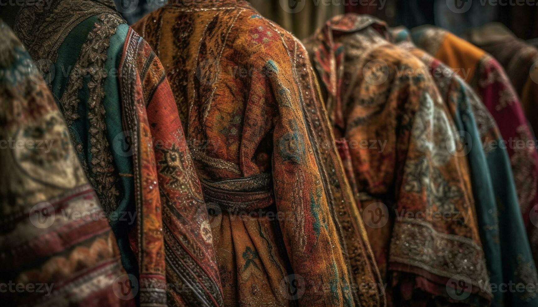 Multi colored textiles adorn the traditional clothing store generated by AI photo