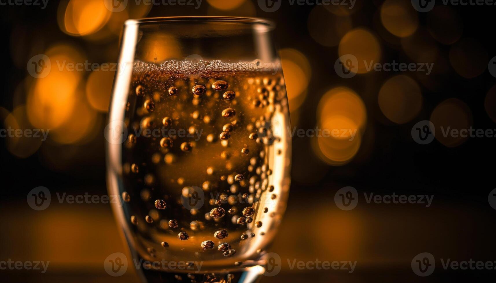 Glistening champagne flute reflects golden celebration bubbles generated by AI photo