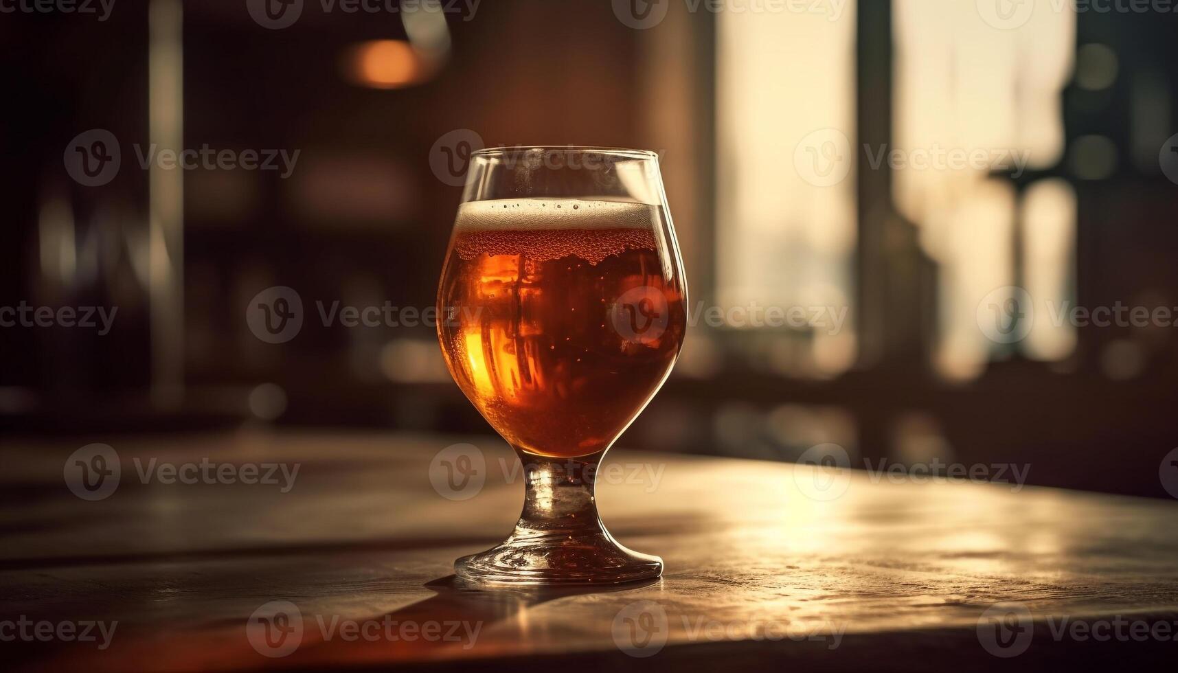 Frothy beer glass on wooden table at pub generated by AI photo