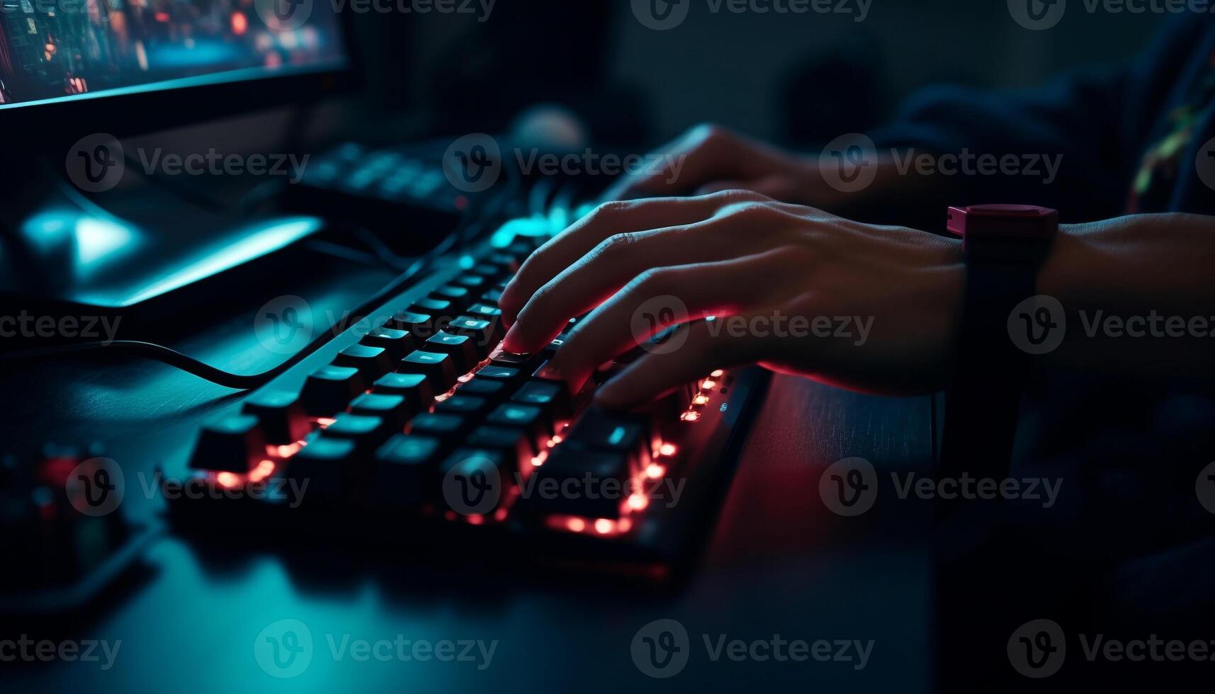 Busy programmer typing code on computer keyboard generated by AI photo