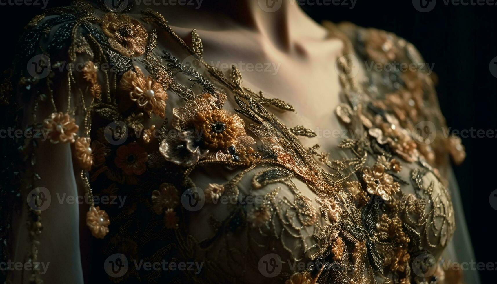 Young woman in gold dress exudes glamour generated by AI photo