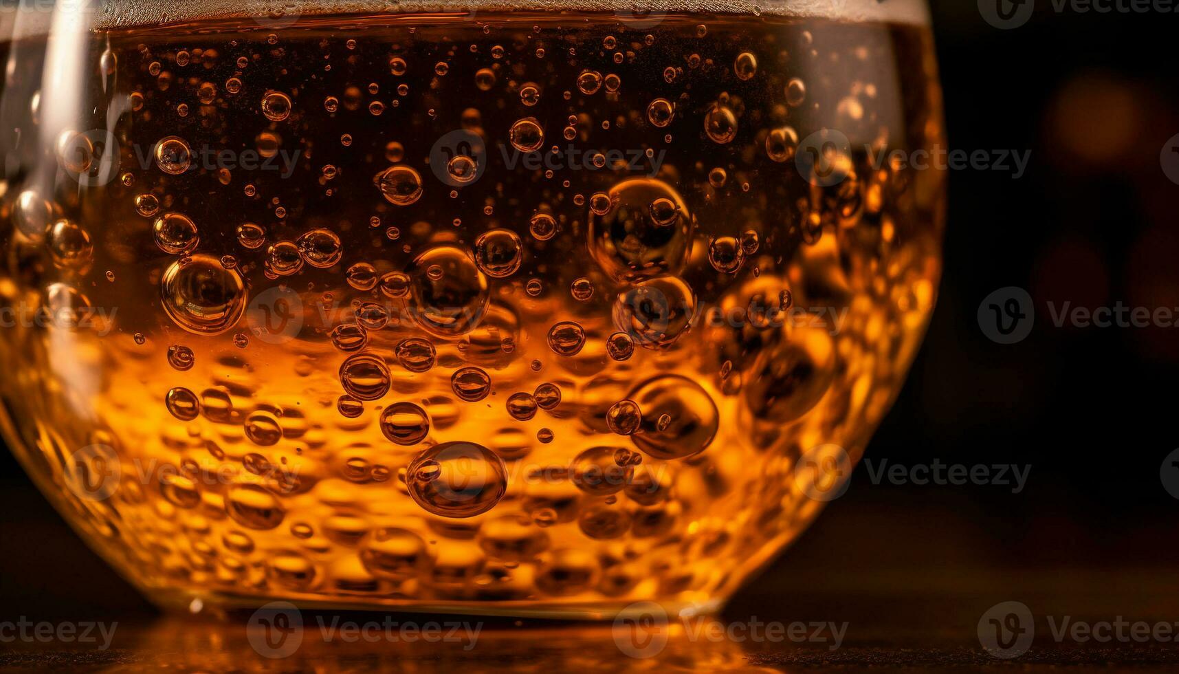 Golden liquid bubbles in transparent beer glass generated by AI photo