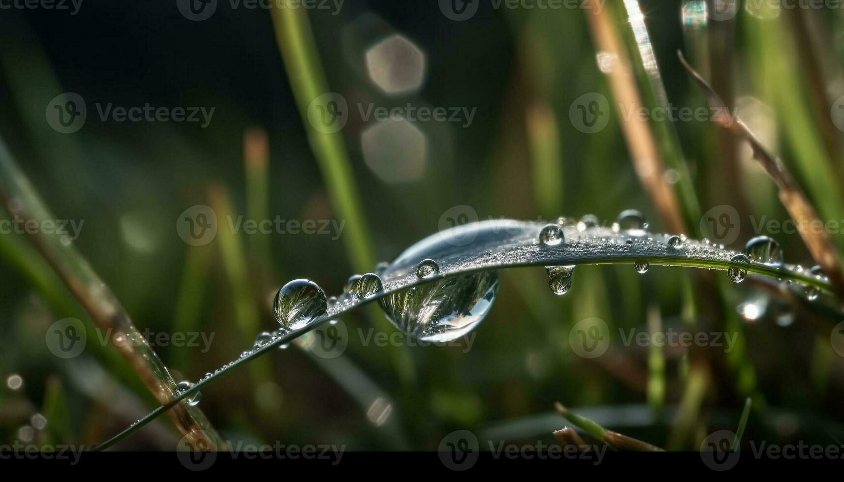 Fresh green dew drops on blade of grass generated by AI photo