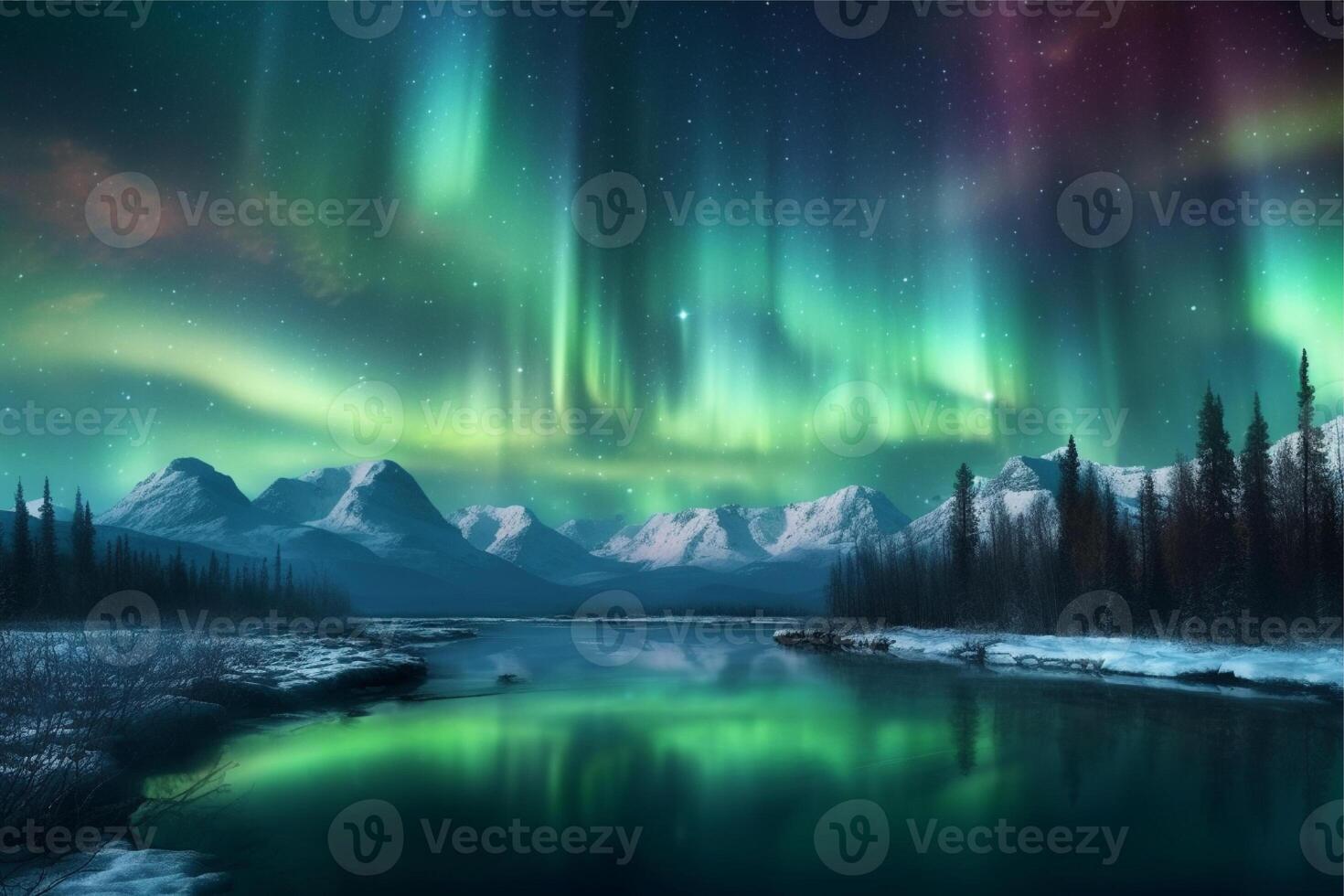 Aurora landscape with northern lights, generative ai photo