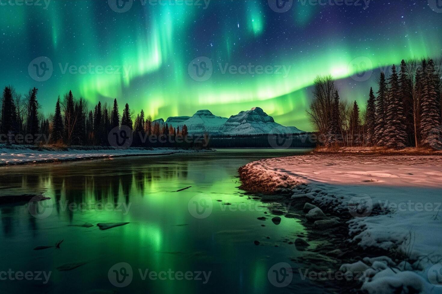 Aurora landscape with northern lights, generative ai photo