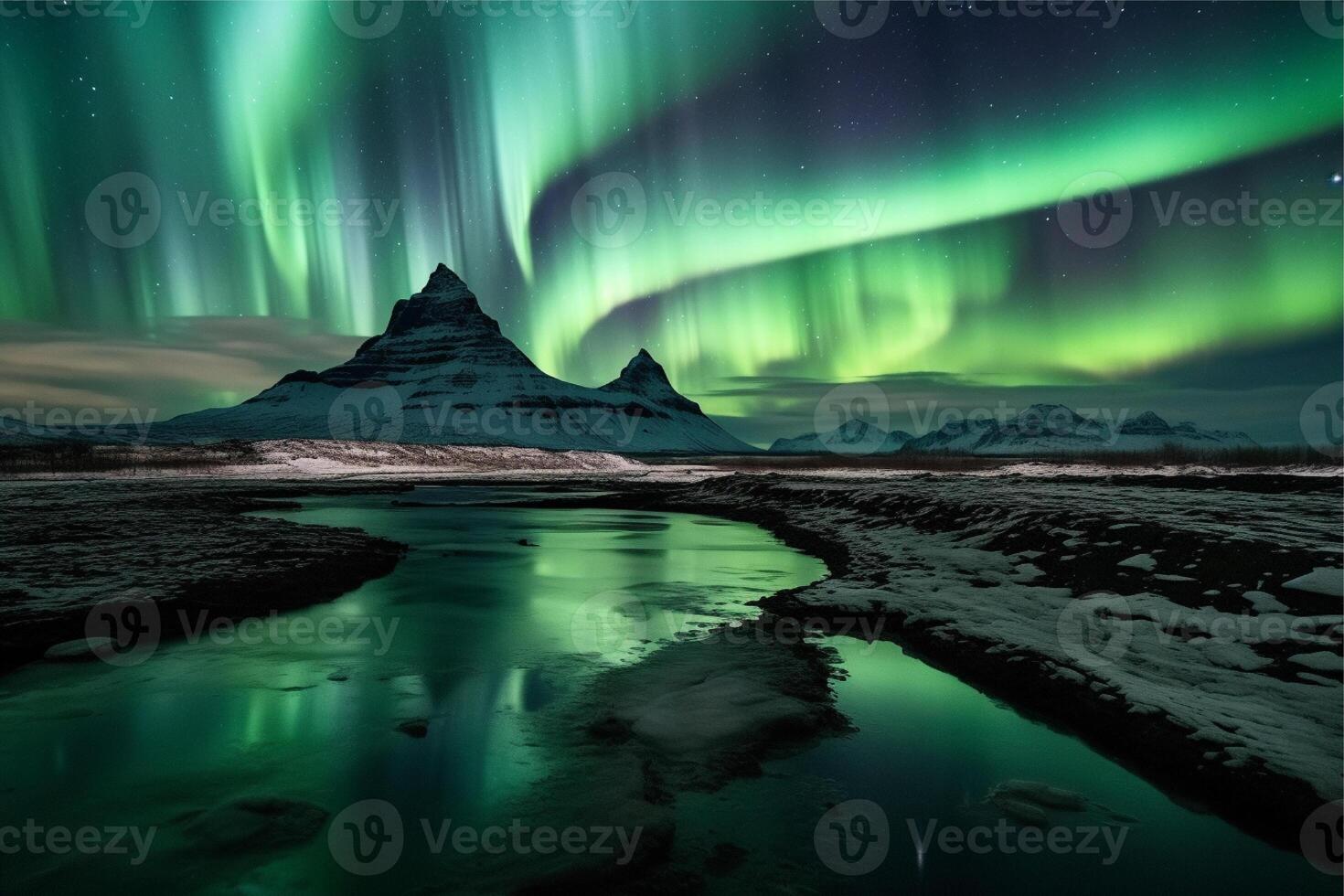 Aurora landscape with northern lights, generative ai photo