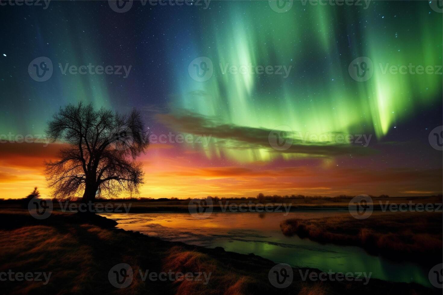 Aurora landscape with northern lights, generative ai photo