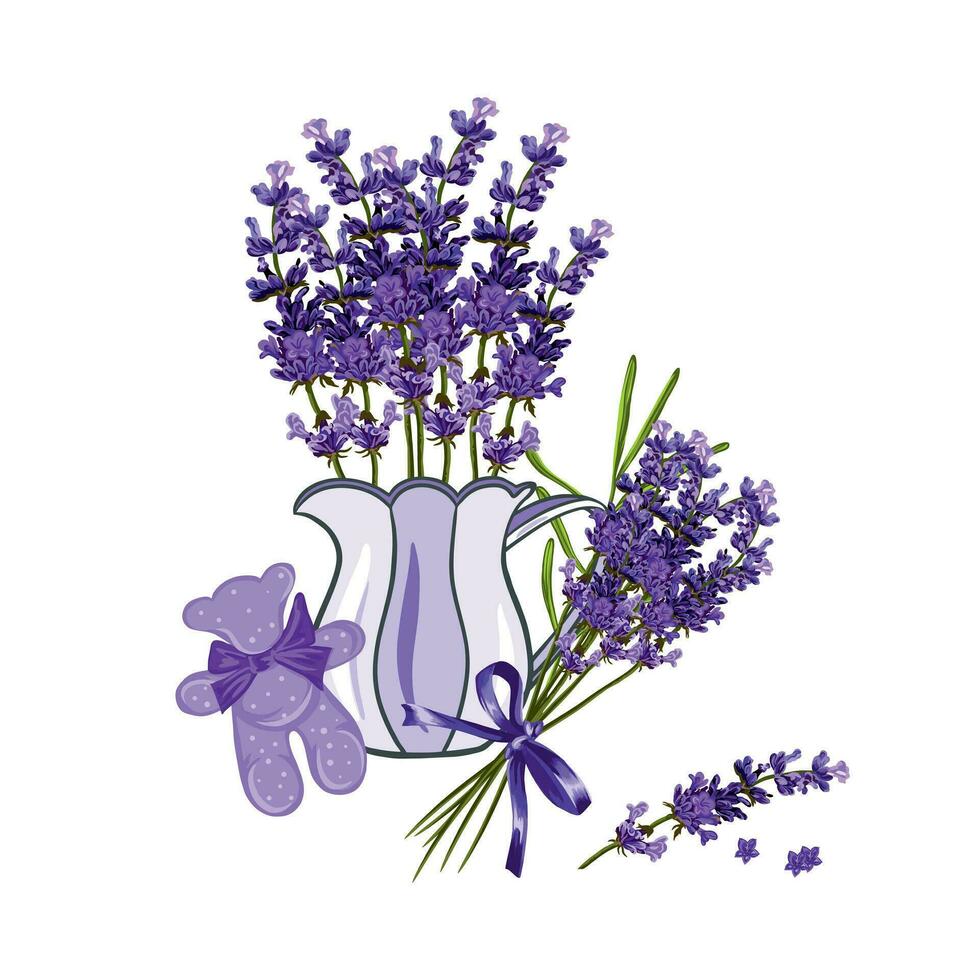 Lavender flowers, scented bear, vase with lavender bouquet. Vector illustration of lavender isolated on white background. Wedding invitations, greeting cards, labels and cosmetic product covers.