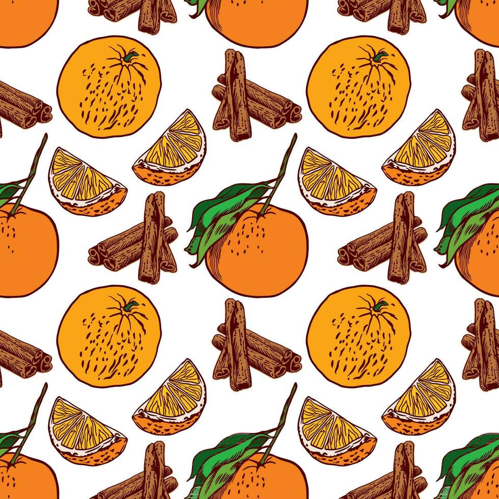 Orange fruit, leaves, orange slices, cinnamon. Vector seamless pattern on a white background. Design element for packaging paper, labels and covers for food and cosmetic products, textiles.