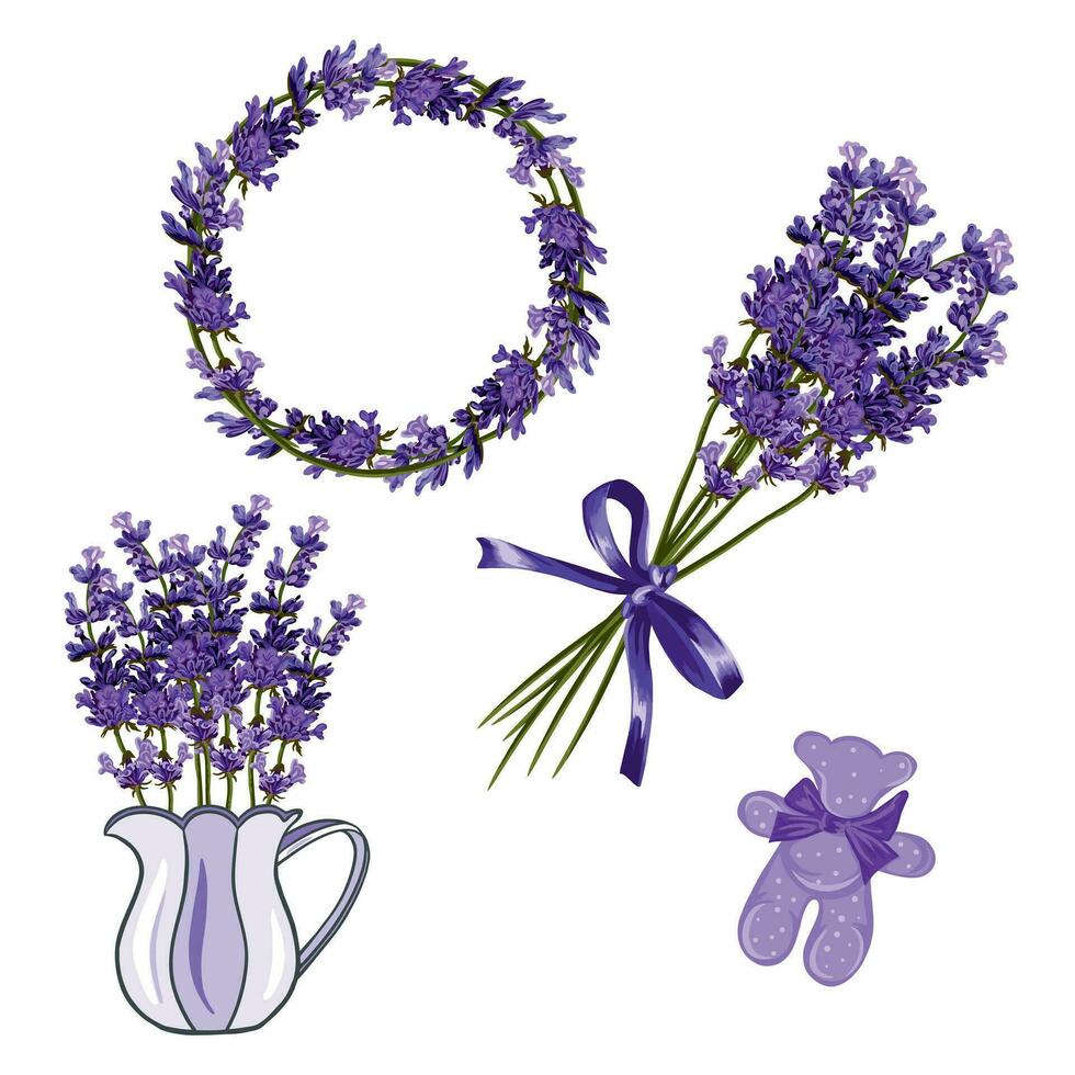 Lavender flowers, scented bear, vase with bouquet, wreath. Vector illustration of lavender isolated on white background. Wedding invitations, greeting cards, labels and cosmetic product covers.