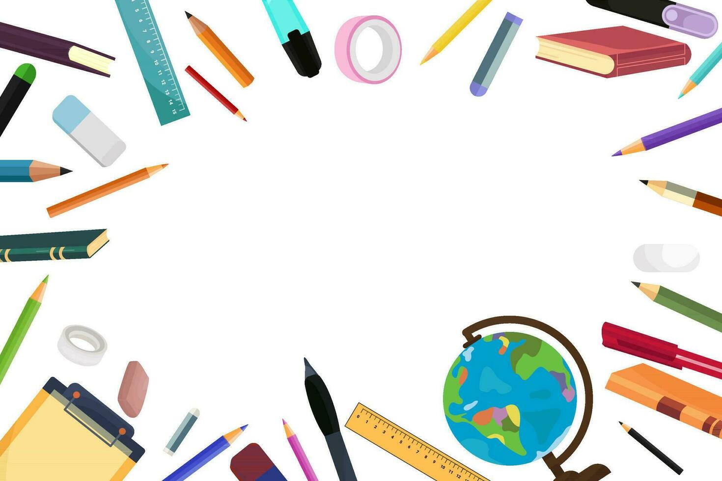 white background with stationery, office supplies, college, learning, education vector