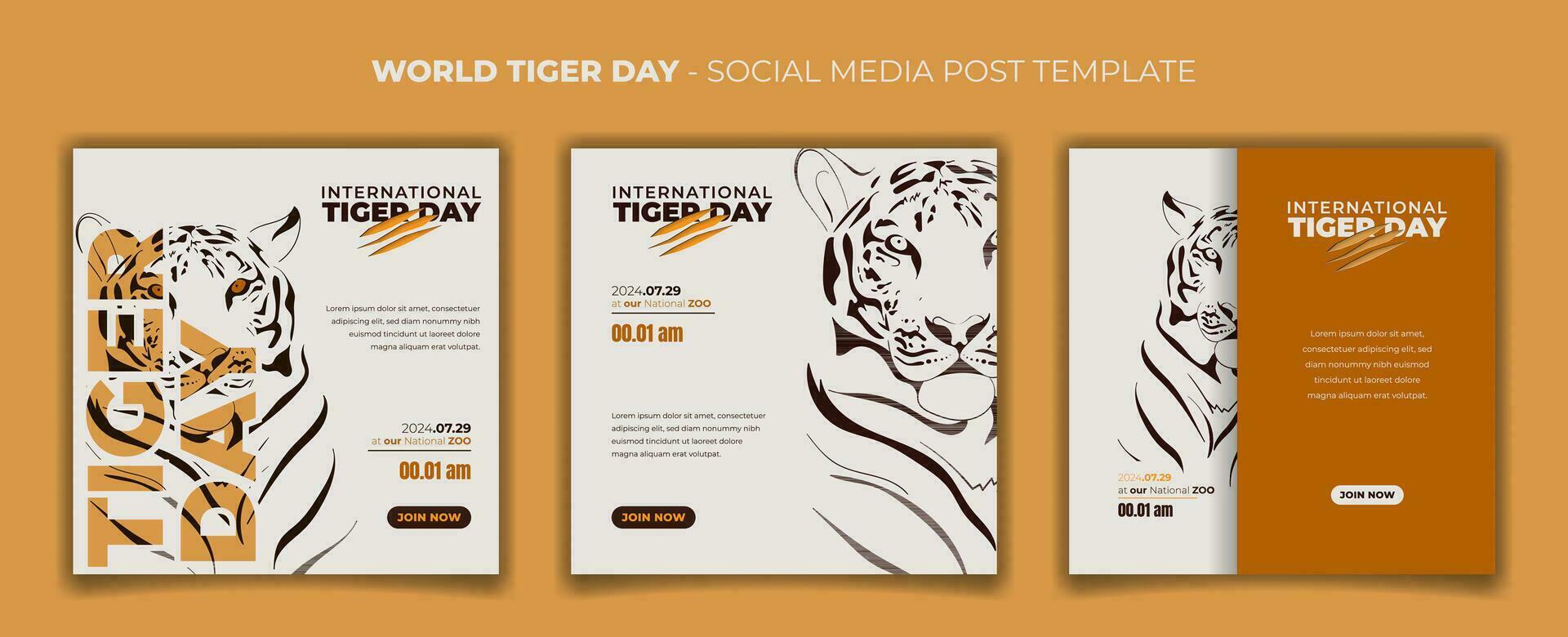 Set of social media post template with tiger and white background for international tiger day design vector