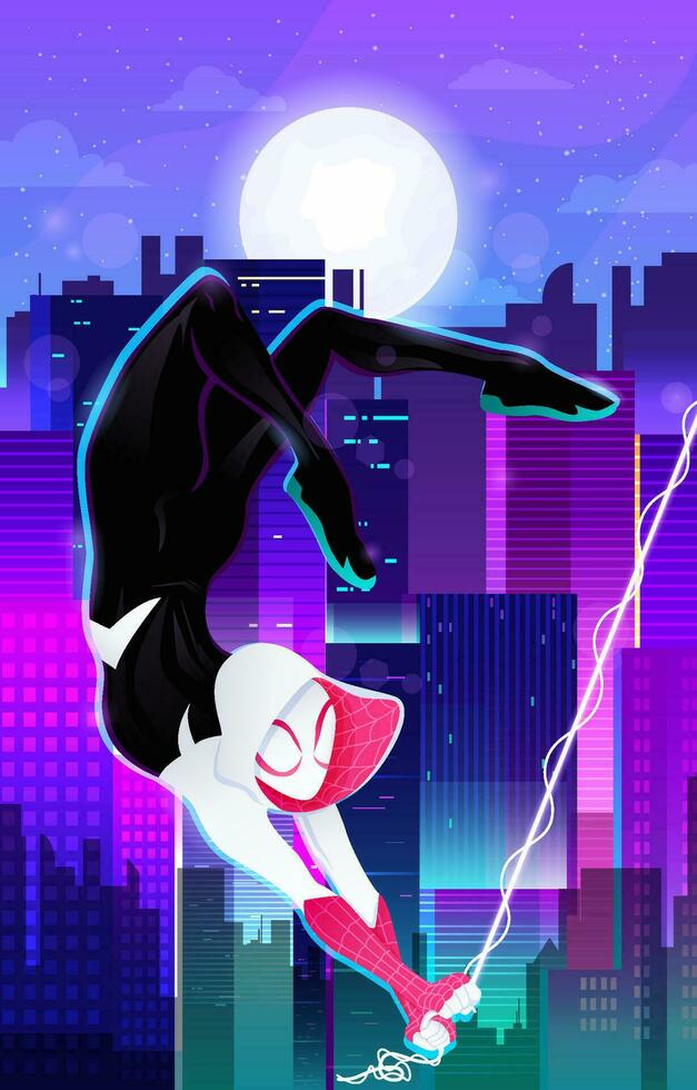 Spider Girl Swinging Between Buildings Concept vector