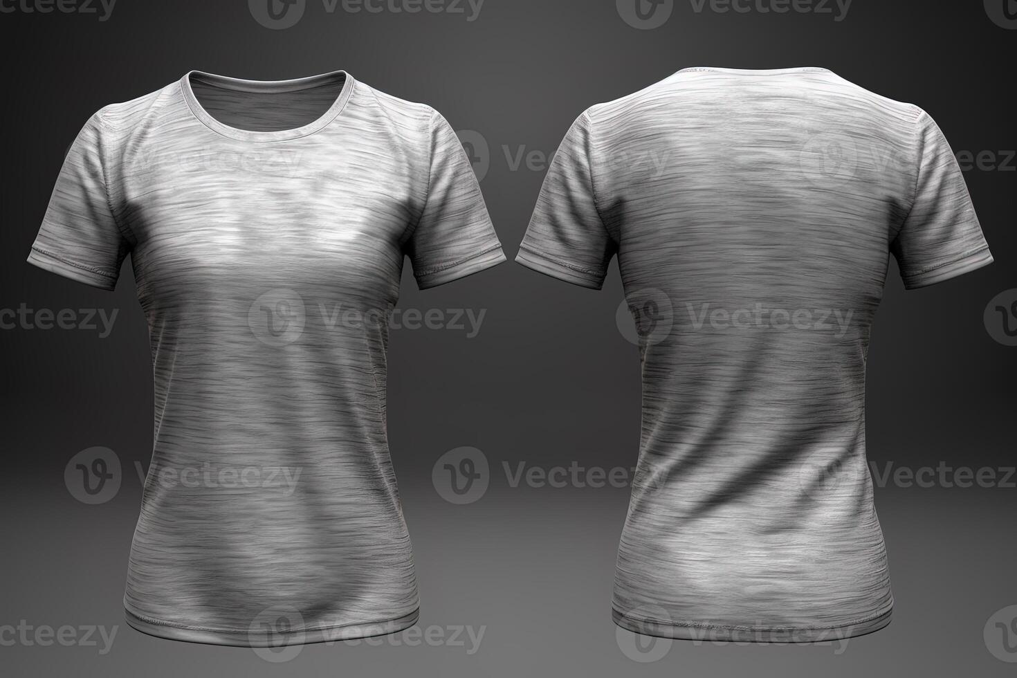 Grey female t-shirt realistic mockup set from front and back view, blank textile print design template for fashion apparel. photo