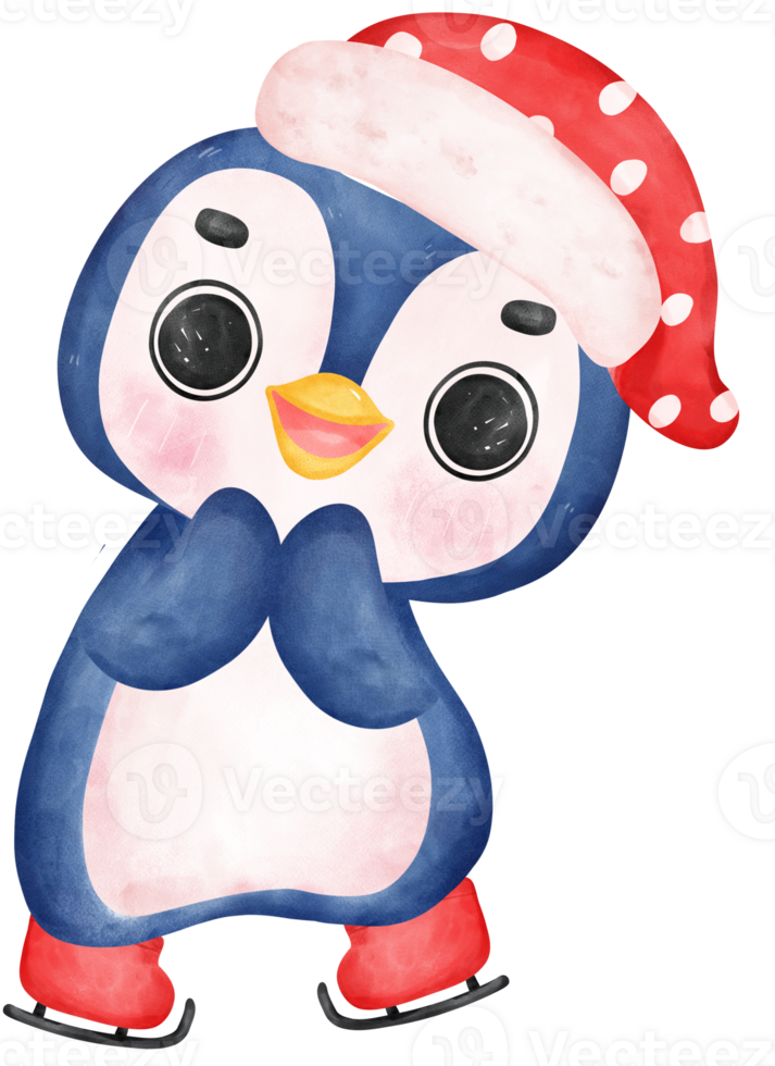 Cute happy mischievous Penguin skating watercolor hand painting cartoon animal character png