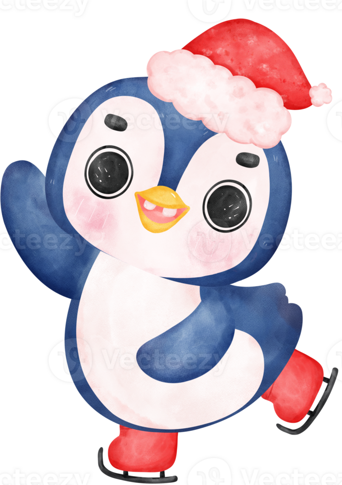 Cute happy mischievous Penguin skating watercolor hand painting cartoon animal character png