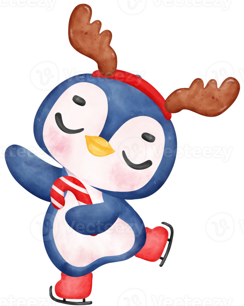 Cute happy mischievous Penguin skating watercolor hand painting cartoon animal character png