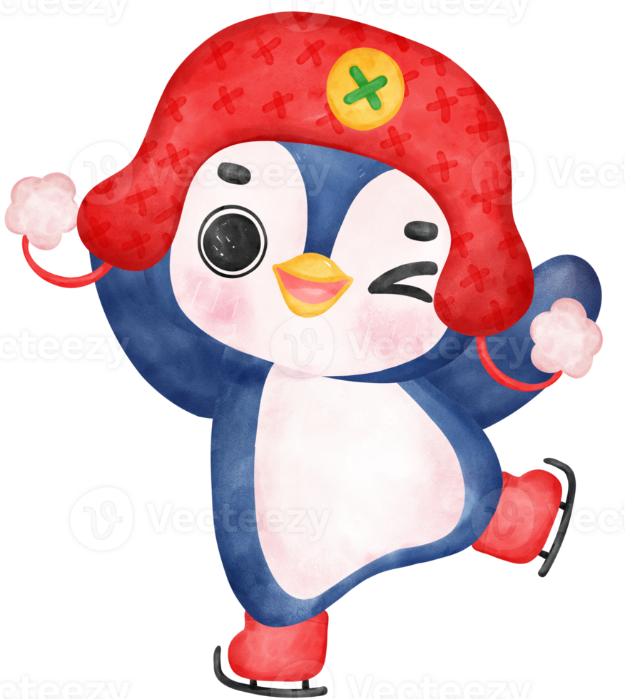 Cute happy mischievous Penguin skating watercolor hand painting cartoon animal character png