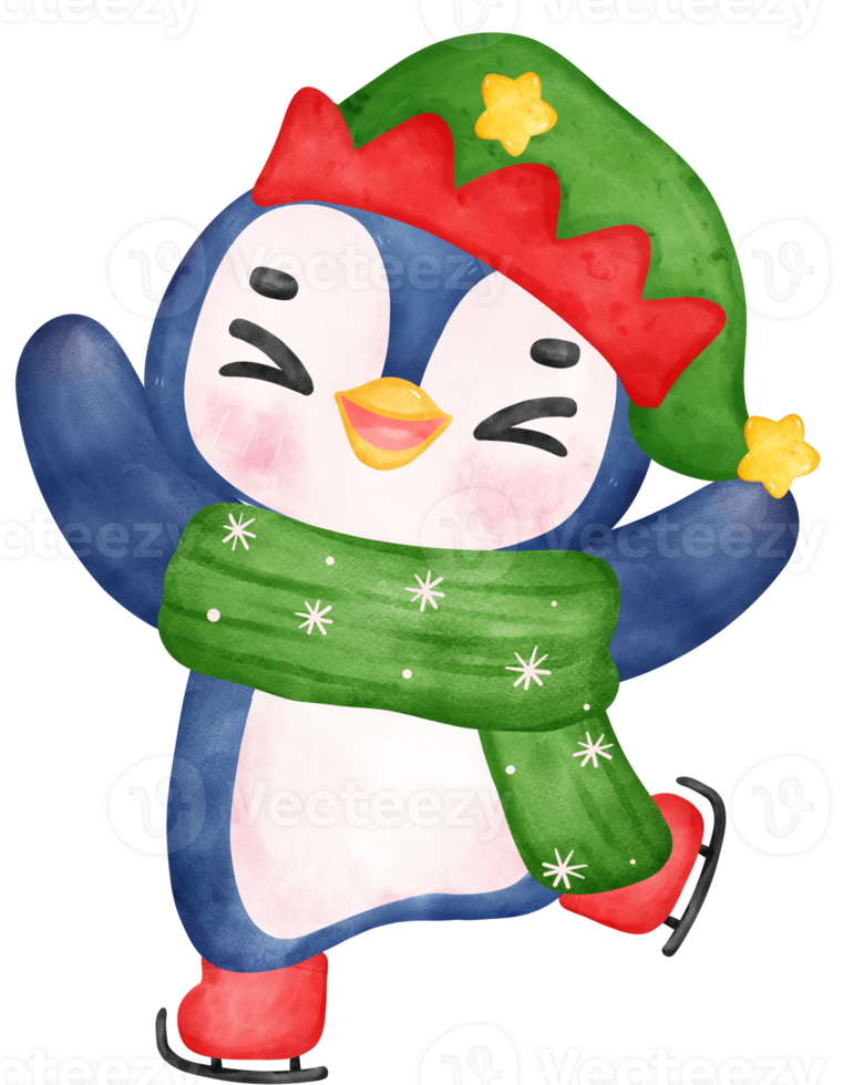 Cute happy mischievous Penguin skating watercolor hand painting cartoon animal character png