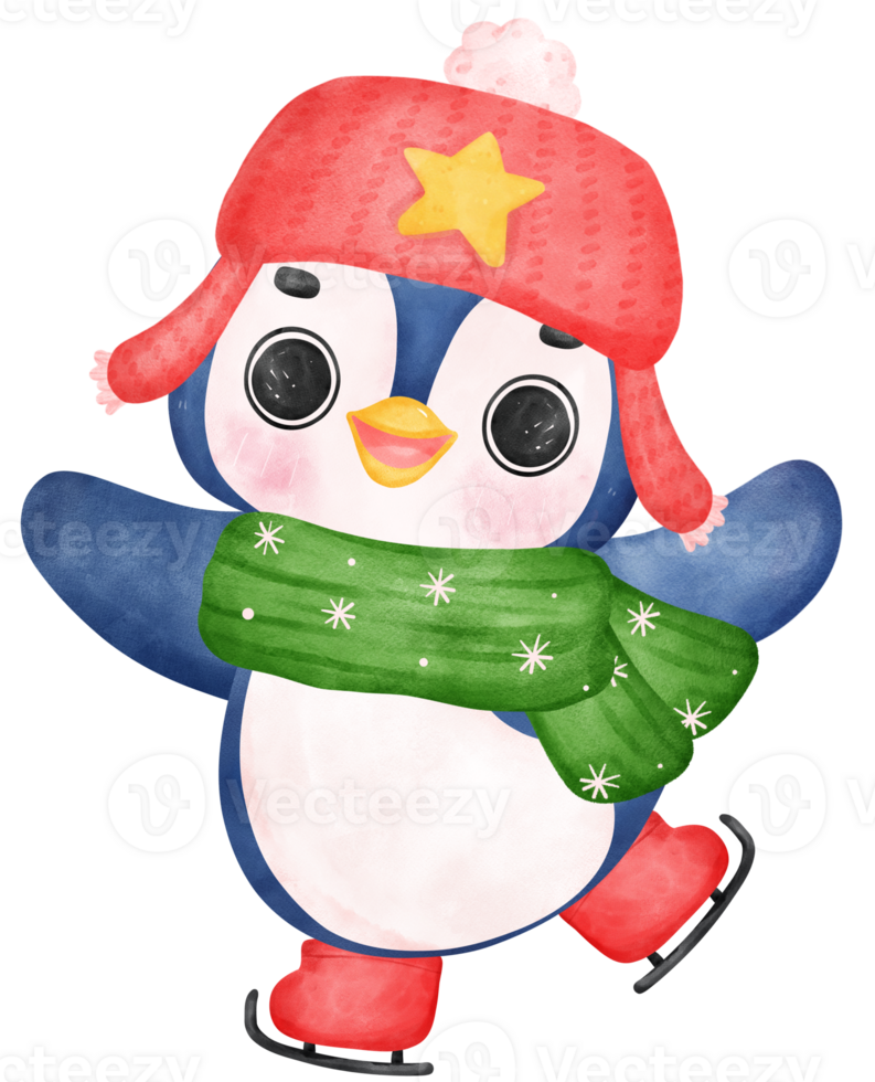 Cute happy mischievous Penguin skating watercolor hand painting cartoon animal character png