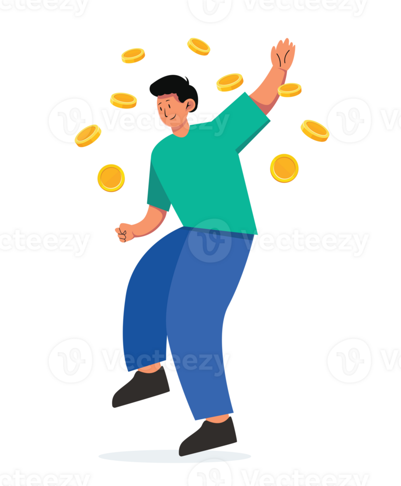 man standing under money rain coins falling png