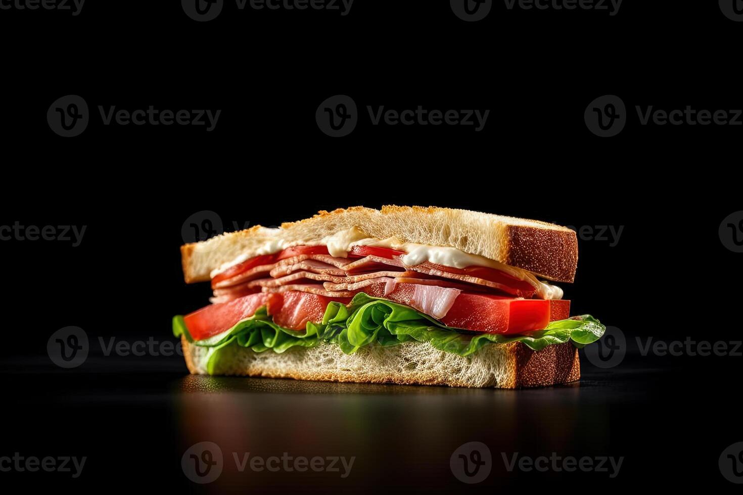 Fresh delicious sandwich isolated on dark background. AI Generated photo