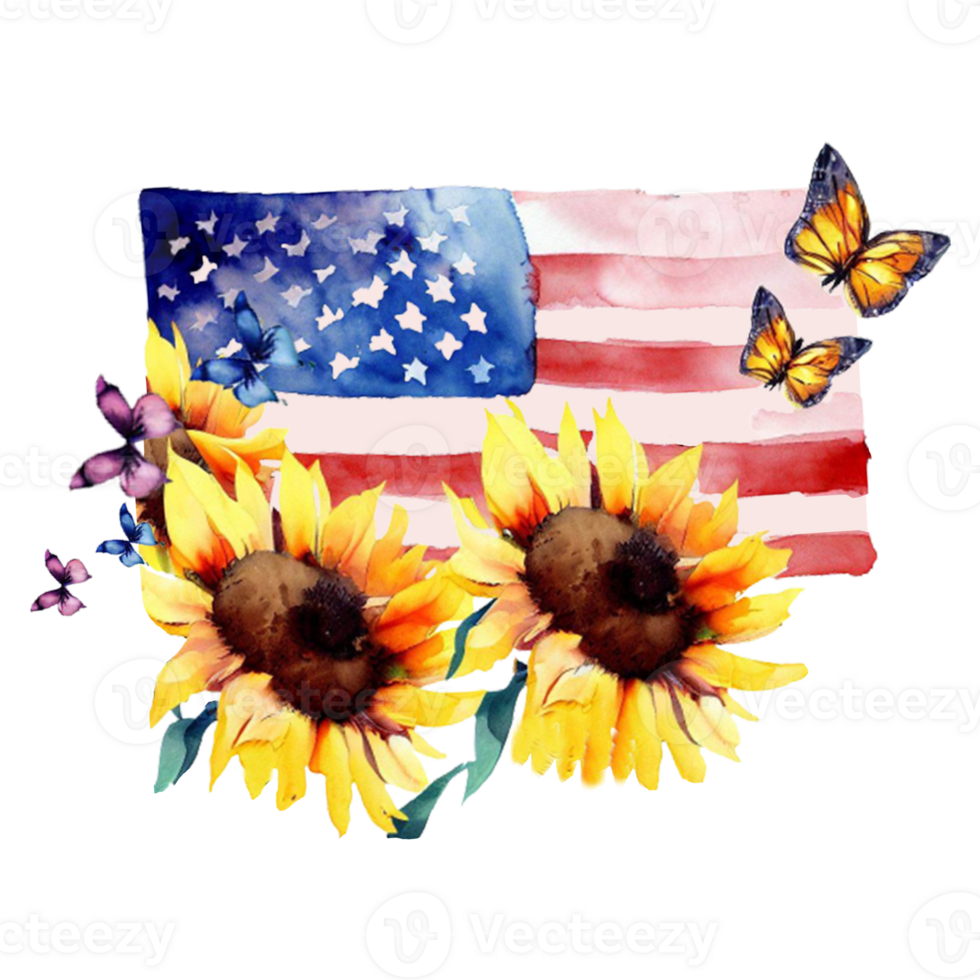 Watercolor 4th July American Flag Sublimation Clipart Design.  It can be used this graphic for any merchandise. It is perfect for any project packaging, stationery, mugs, bags, pillows, t-shirts etc. png