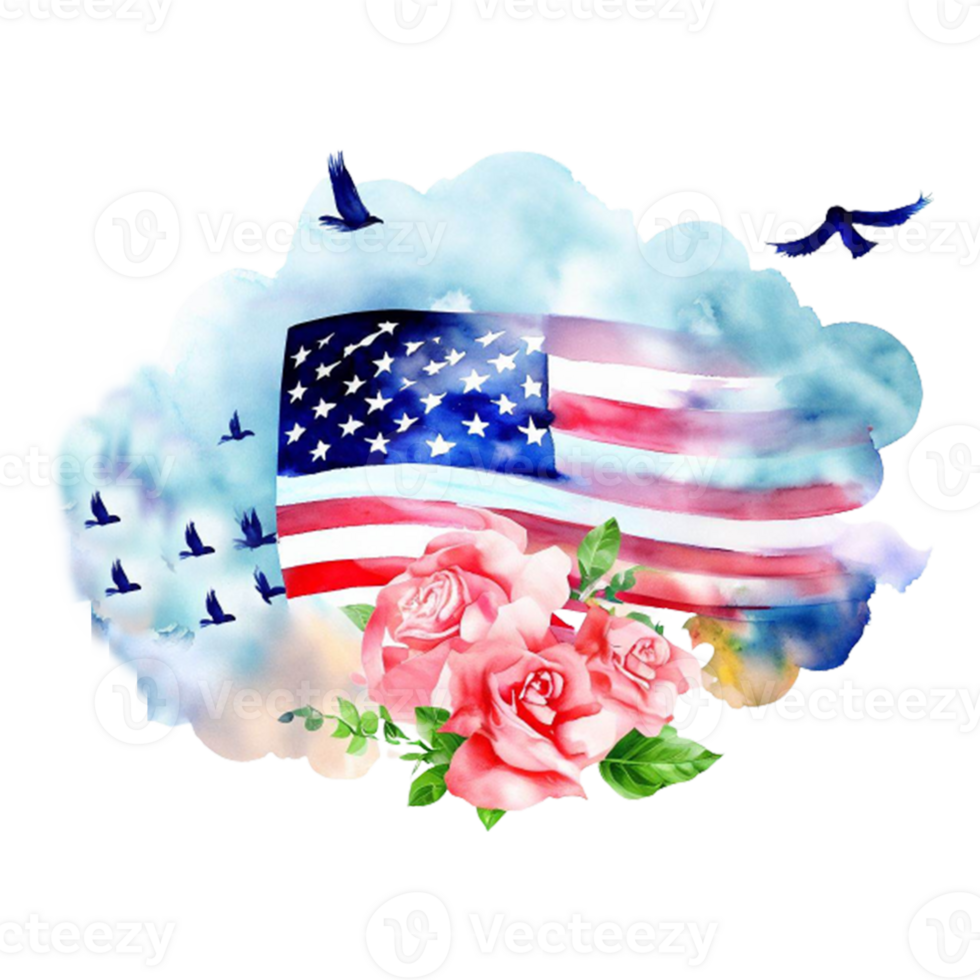 Watercolor 4th July American Flag Sublimation Clipart Design.  It can be used this graphic for any merchandise. It is perfect for any project packaging, stationery, mugs, bags, pillows, t-shirts etc. png