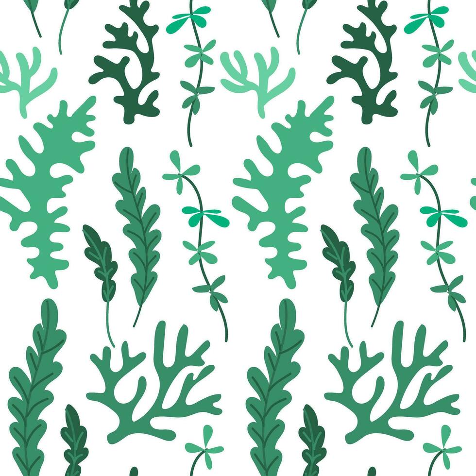 A pattern of green seaweed and coral hand-drawn underwater background, great for textiles, banners, wallpaper, packaging - vector design on a white background. Greenery growing under water