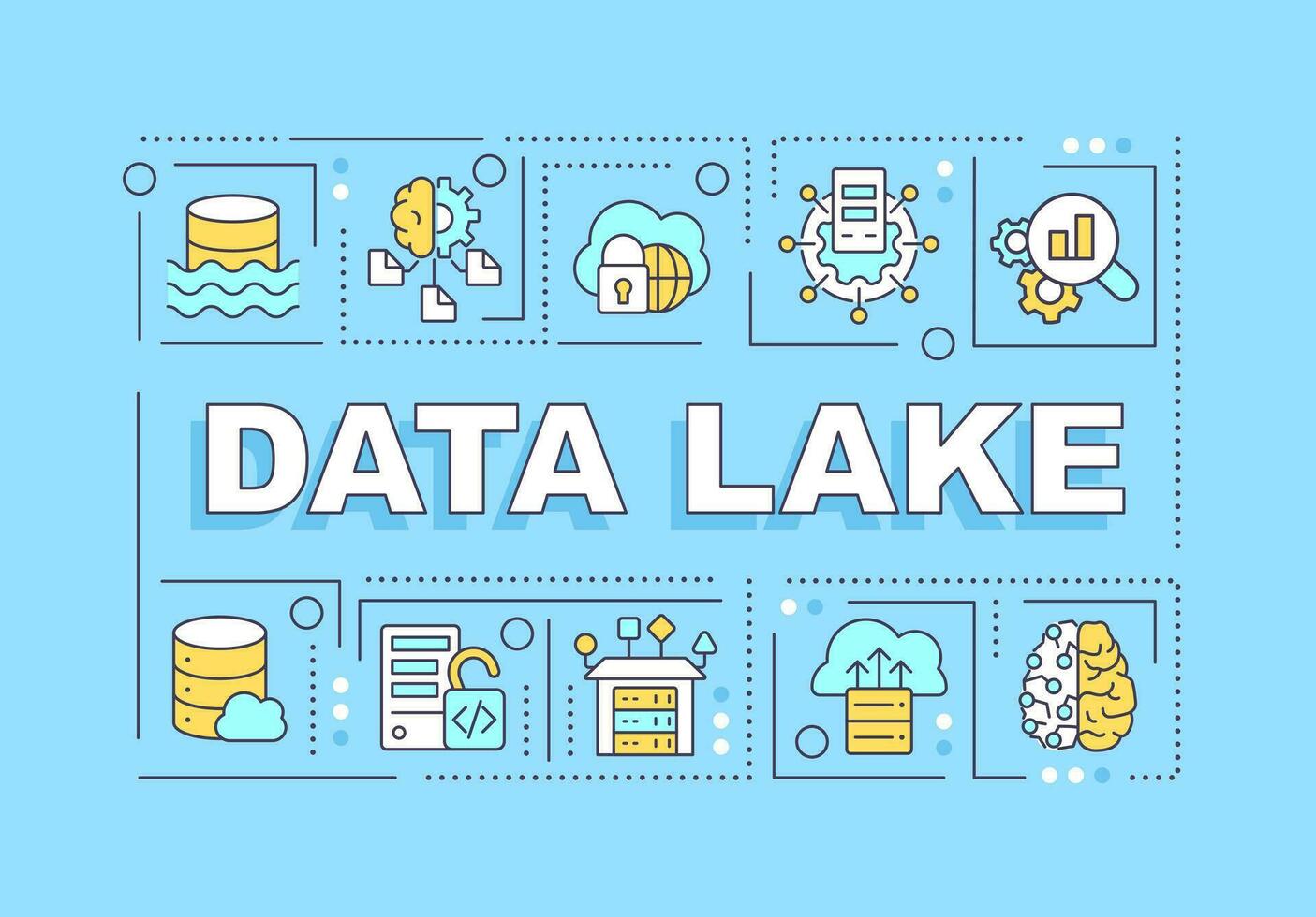 Data lake word concepts blue banner. Digital storage. Analytics. Infographics with editable icons on color background. Isolated typography. Vector illustration with text