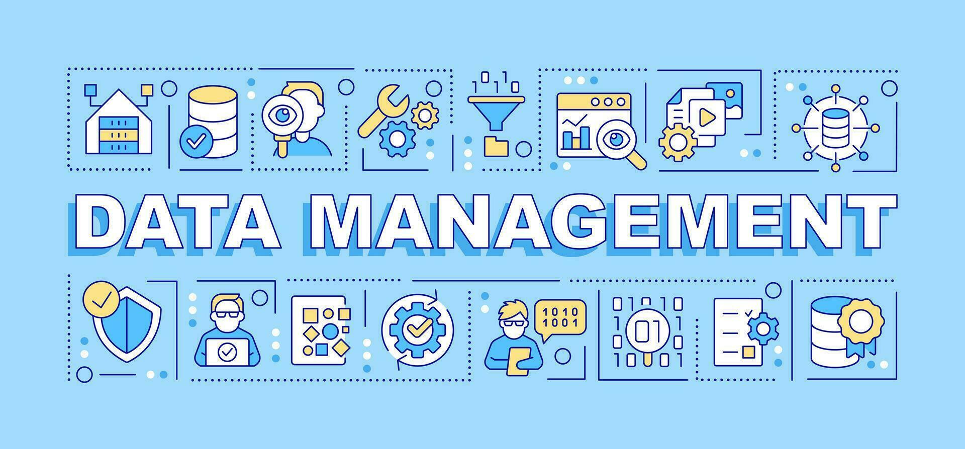 Data management word concepts blue banner. Business intelligence. Infographics with editable icons on color background. Isolated typography. Vector illustration with text