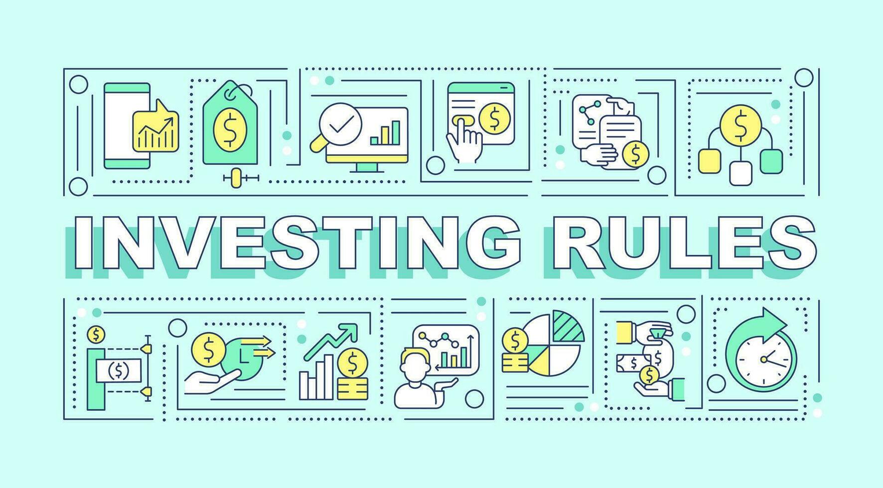Investing rules word concepts mint banner. Stock market. Infographics with editable icons on color background. Isolated typography. Vector illustration with text