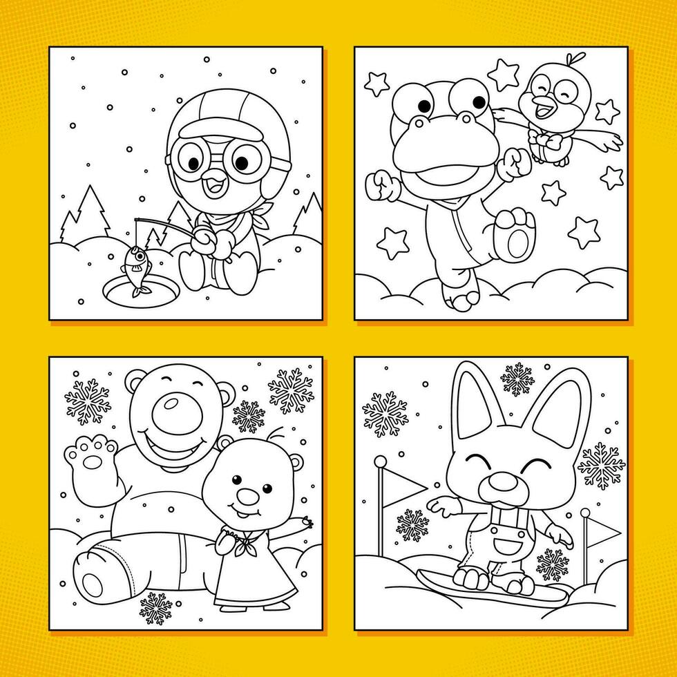 contento pequeño pingüino y amigos jugando en el nieve niños colorante libro vector