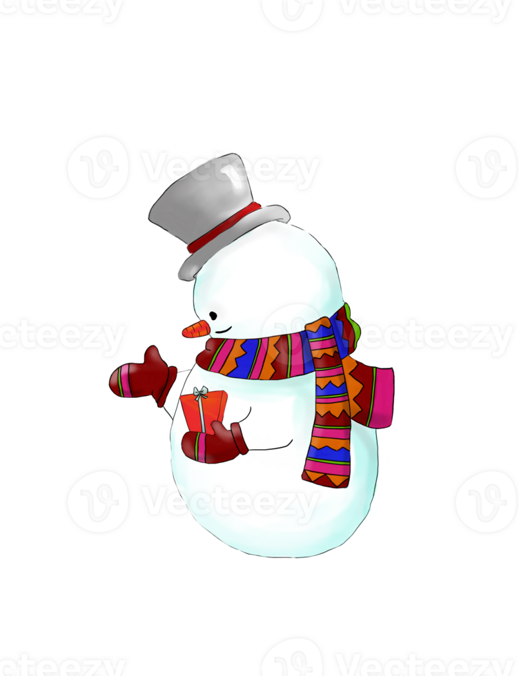 Hand painted snowman has worn black hat, colorful groves and scarf, holding a gift box. png