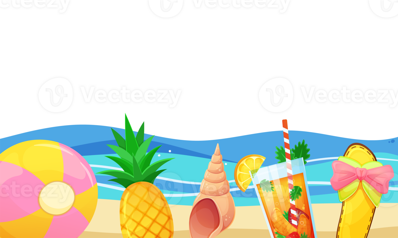 Summer sticker. Colorful template with beach, summer drink, ball, pineapple. Illustration on transparent background. png