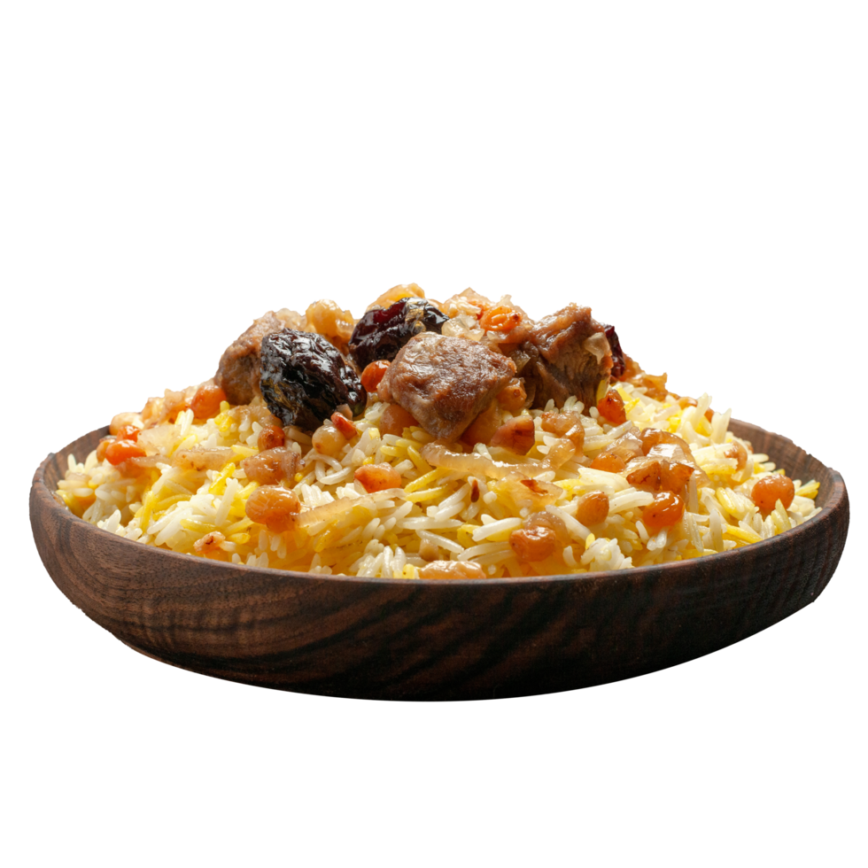Biryani side close up view pilaf appetizing pilaf with rice meat dried fruits png