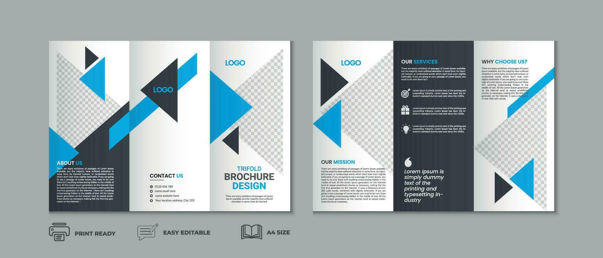 Professional clean modern and corporate trifold brochure template, three fold cover page, three fold brochure background layout design with mockup vector