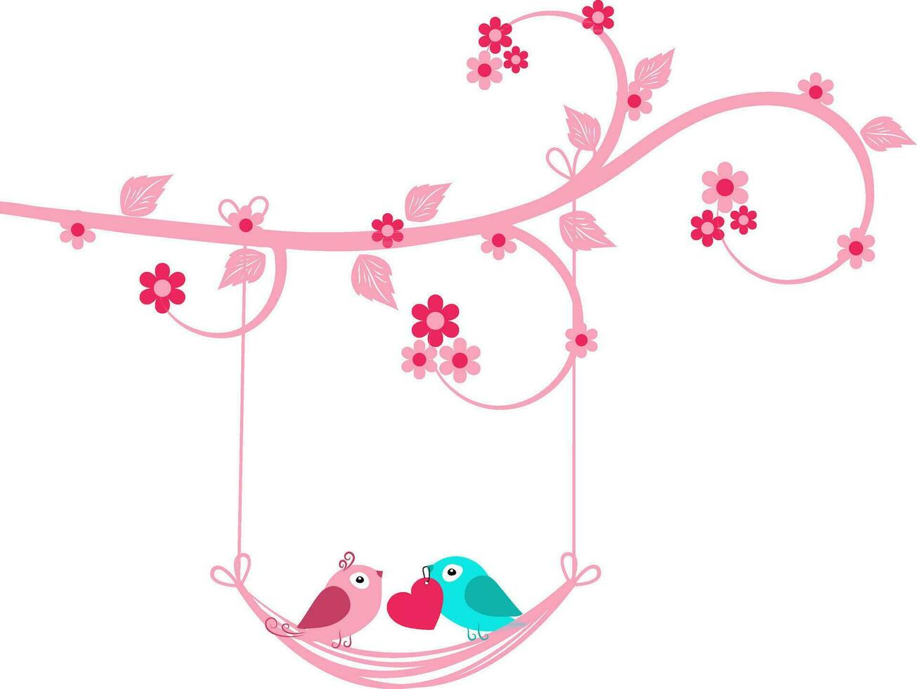 Cute love birds couple holding a pink heart and swinging on branch of tree for Happy Valentine's Day celebration. vector