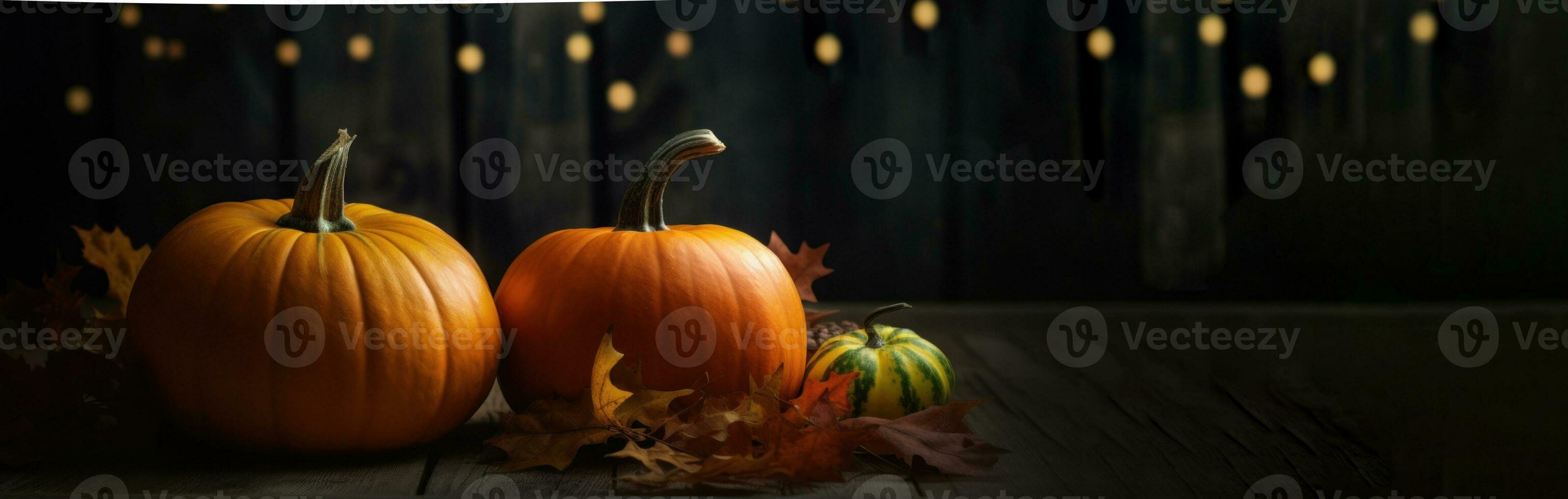 Holiday banner with pumpkins on wooden table and bokeh lights on dark background. photo