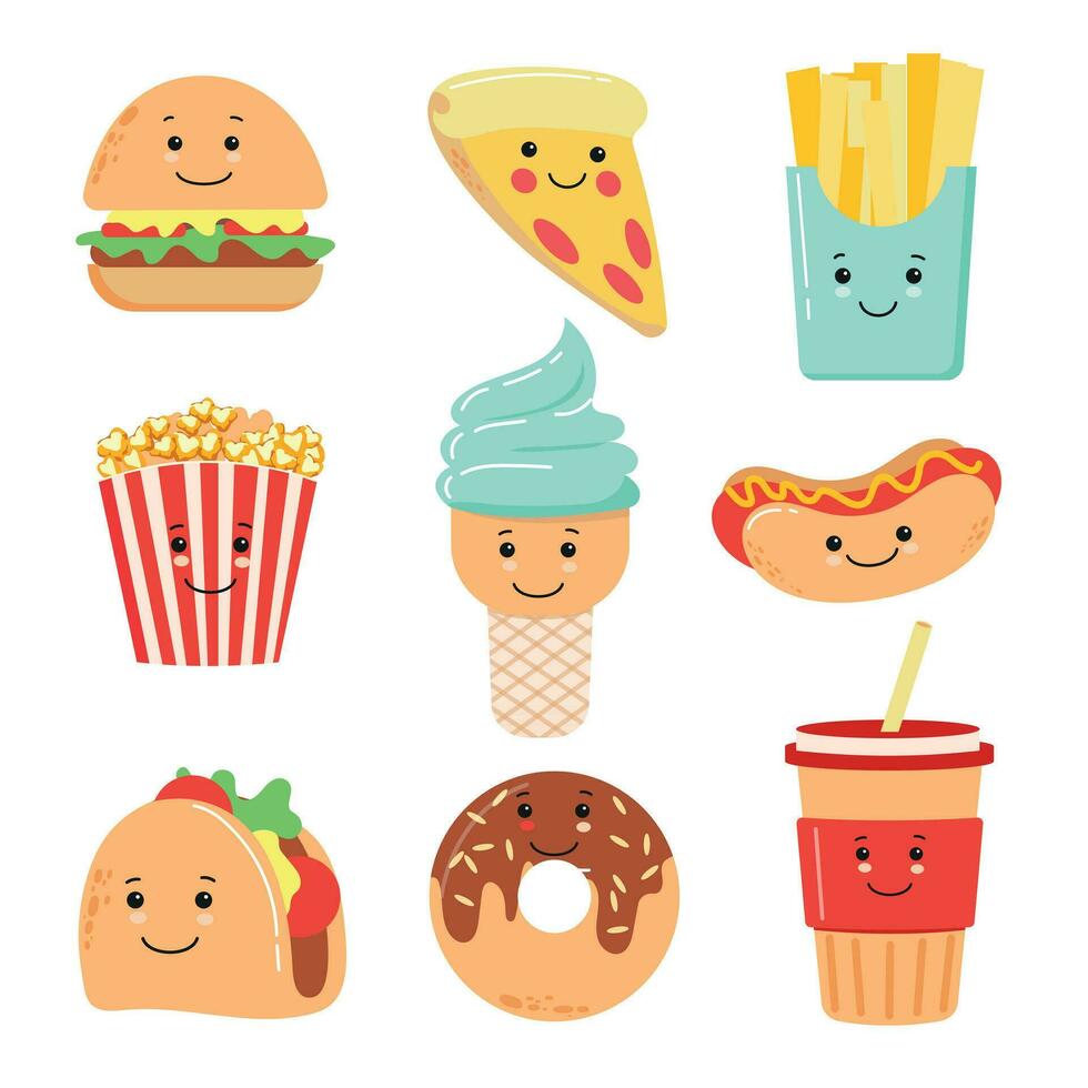Fast food cute cartoon characters set. Vector collection of french fries, pizza, donut, burger, wok, hot dog,coffee, ice cream isolated illustrations for delivery, menu, restaurant. White background