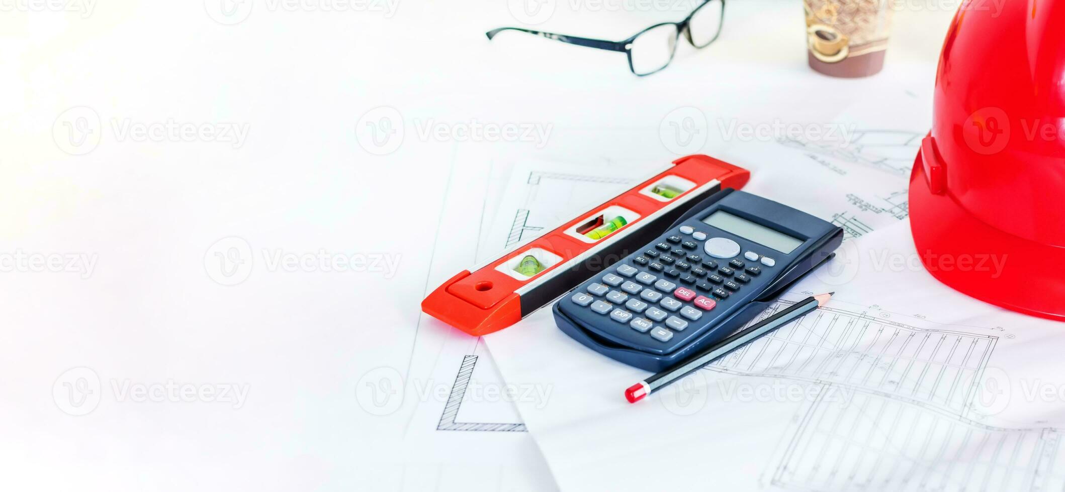 Close up of tools and equipment for architectural drawing. photo