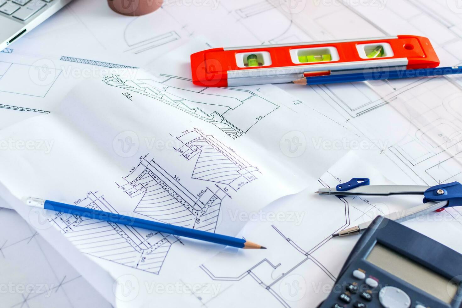Close up engineering blueprint paper drafting project sketch. photo