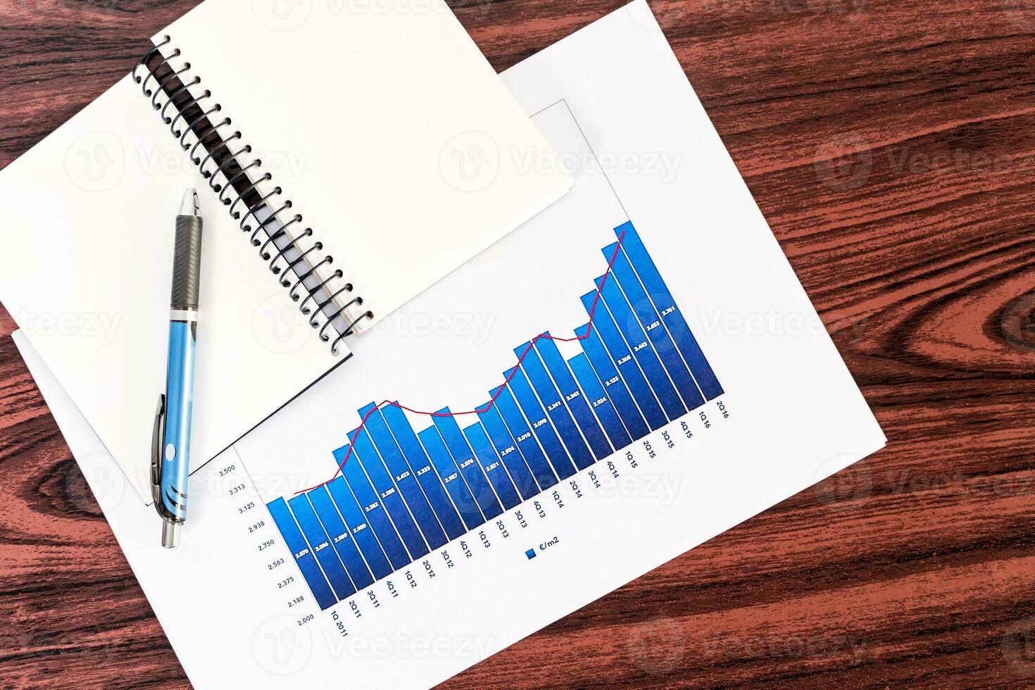 Statistical reports on wooden table. photo