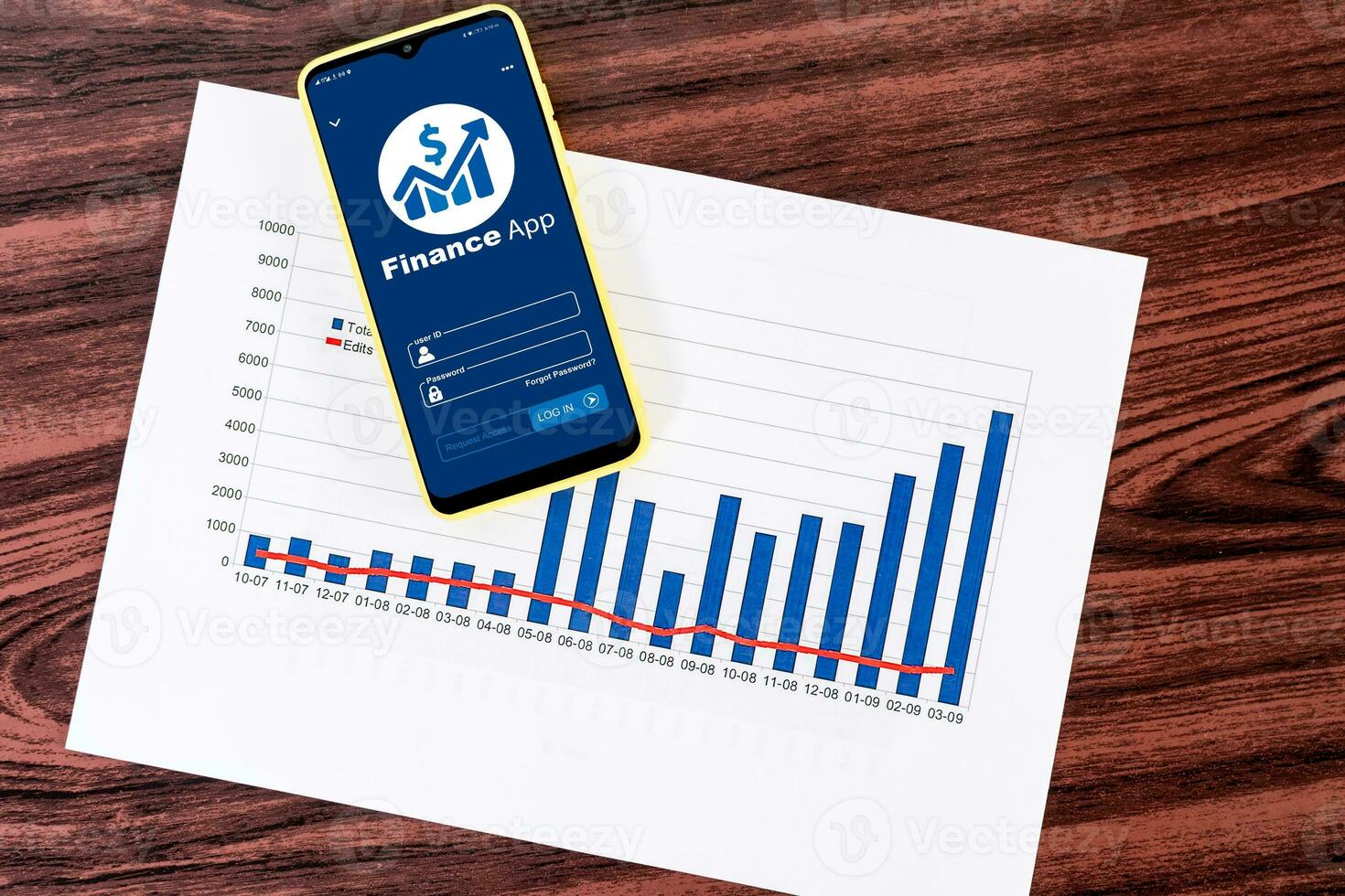 Mobile phone with financial application, with statistical graphs on desktop. photo