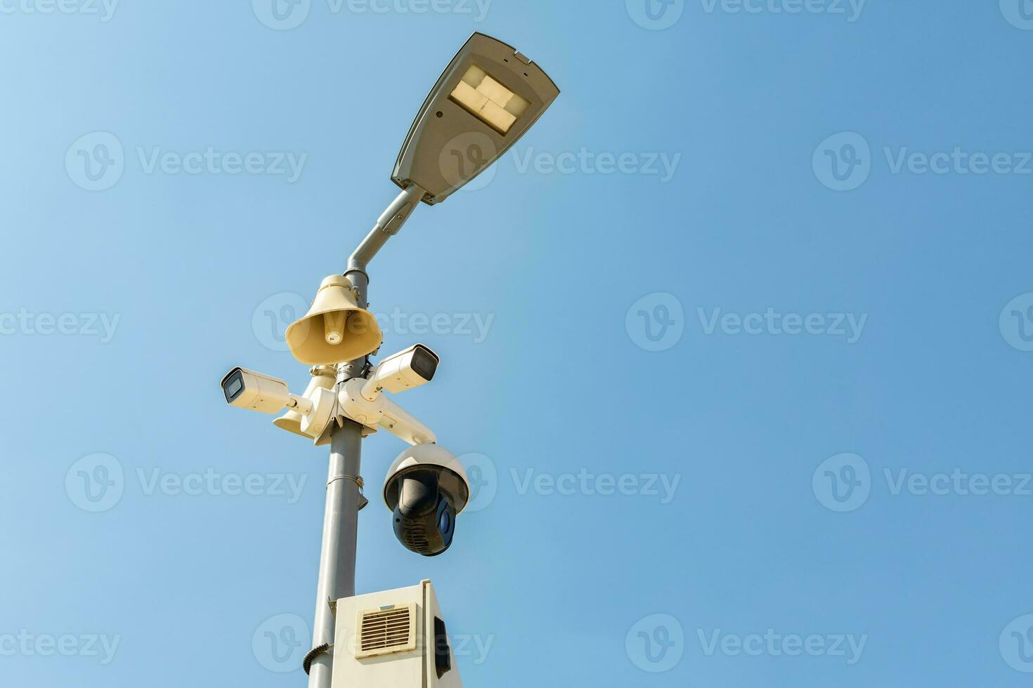 Cluster of security cameras on a lamppost, in an public Park on the sky background, with copy space. photo